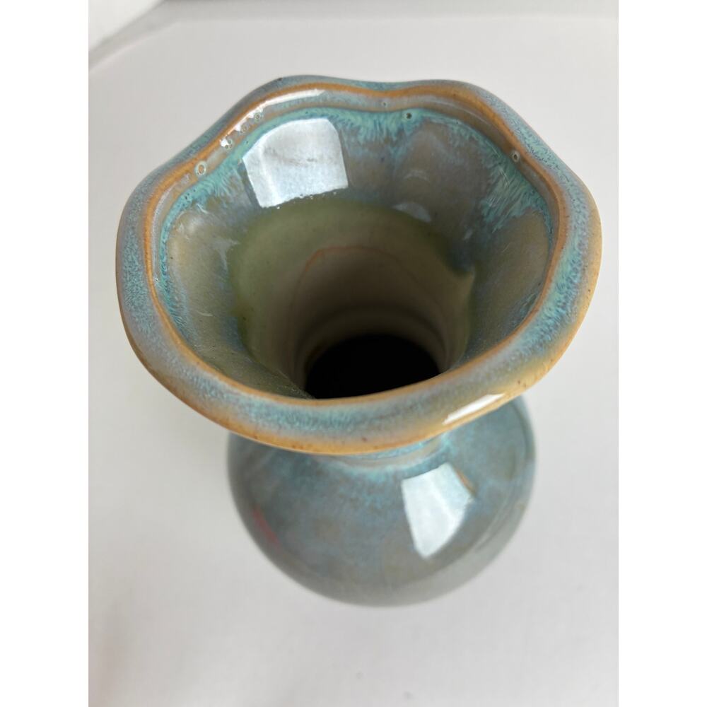 Vase Mini-Bud Blue Gold Trim Fluted Top Bulbous Bottom Stoneware 5.75 ins. Tall